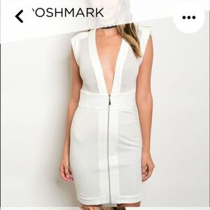 Xtaren Zip Dress Women Sz M White Sleeveless Deep Plunge Bodycon Cocktail New